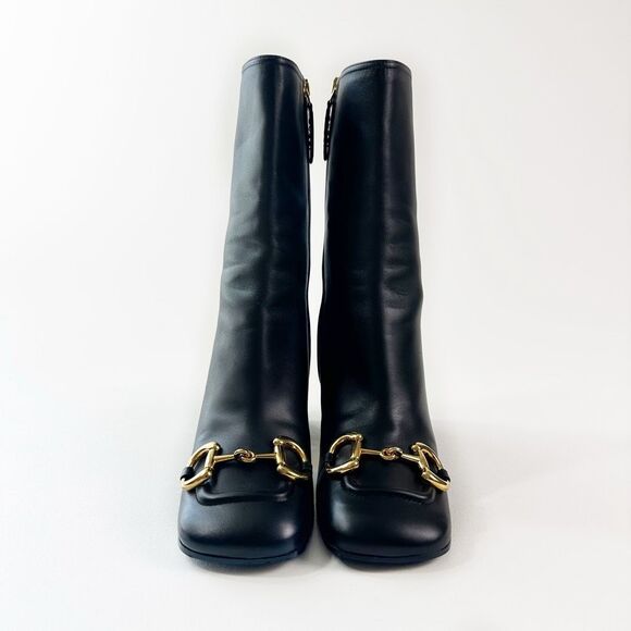 GUCCI Baby Bit Black Leather Boot Size 37.5 High Heel Bootie Square Toe Horsebit - Picture 3 of 13